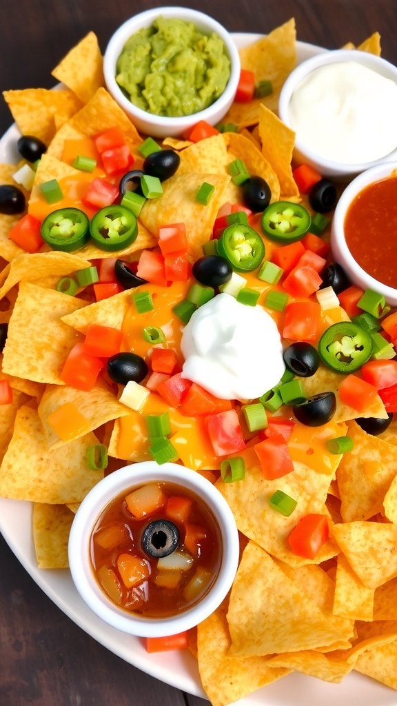 A colorful plate of nachos with cheese, jalapeños, tomatoes, olives, and dips on the side.